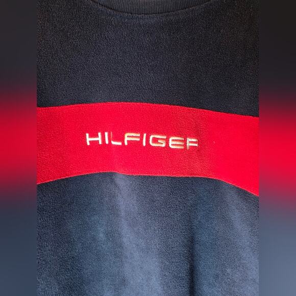Vtg 90s Y2K Tommy Hilfiger Navy & Red Crewneck Fleece Sweater Embroidered Logo S - Picture 3 of 7